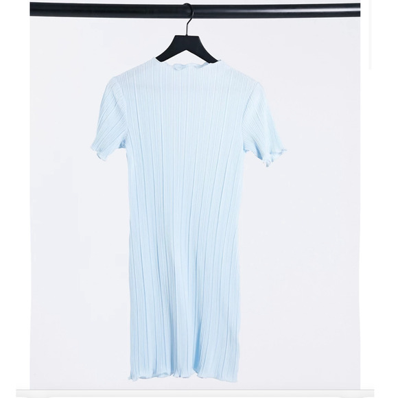 WEEKDAY Elaine Mini Dress SZ S ASOS Light Blue Recycled Crinkle Lettuce Hem Mini - Picture 2 of 11